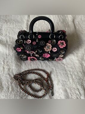 Coach 1941 Black Pink Tea Rose Appliqué Double Dinky Bag